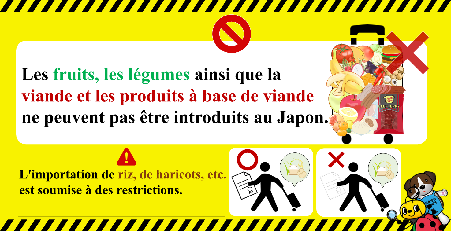 Les fruits, les légumes ainsi que la viande et les produits à base de viande ne peuvent pas être introduits au Japon. L'importation de riz, de haricots, etc. est soumise à des restrictions.
