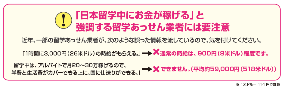 「日本留学中にお金が稼げる」と強調する留学あっせん業者には要注意 近年、一部の留学あっせん業者が、次のような誤った情報を流しているので、気を付けてください。 「1時間に3,000円(26米ドル)の時給がもらえる。」→通常の時給は、900円(8米ドル)程度です。 「留学中は、アルバイトで月20~30万稼げるので、学費と生活費がカバーできる上に、国に仕送りができる。」→できません。(平均約59,000円(518米ドル))