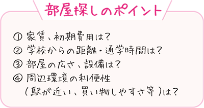 部屋探しのポイント:1)家賃、初期費用は?2)学校からの距離・通学時間は?3)部屋の広さ、設備は?4)周辺環境の利便性(駅が近い、買い物しやすさ等)は?