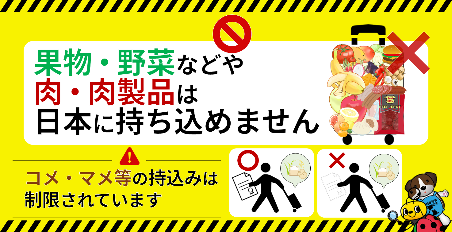 果物・野菜などや肉・肉製品は日本にもちこめません。コメ・マメ等の持ち込みは制限されています。